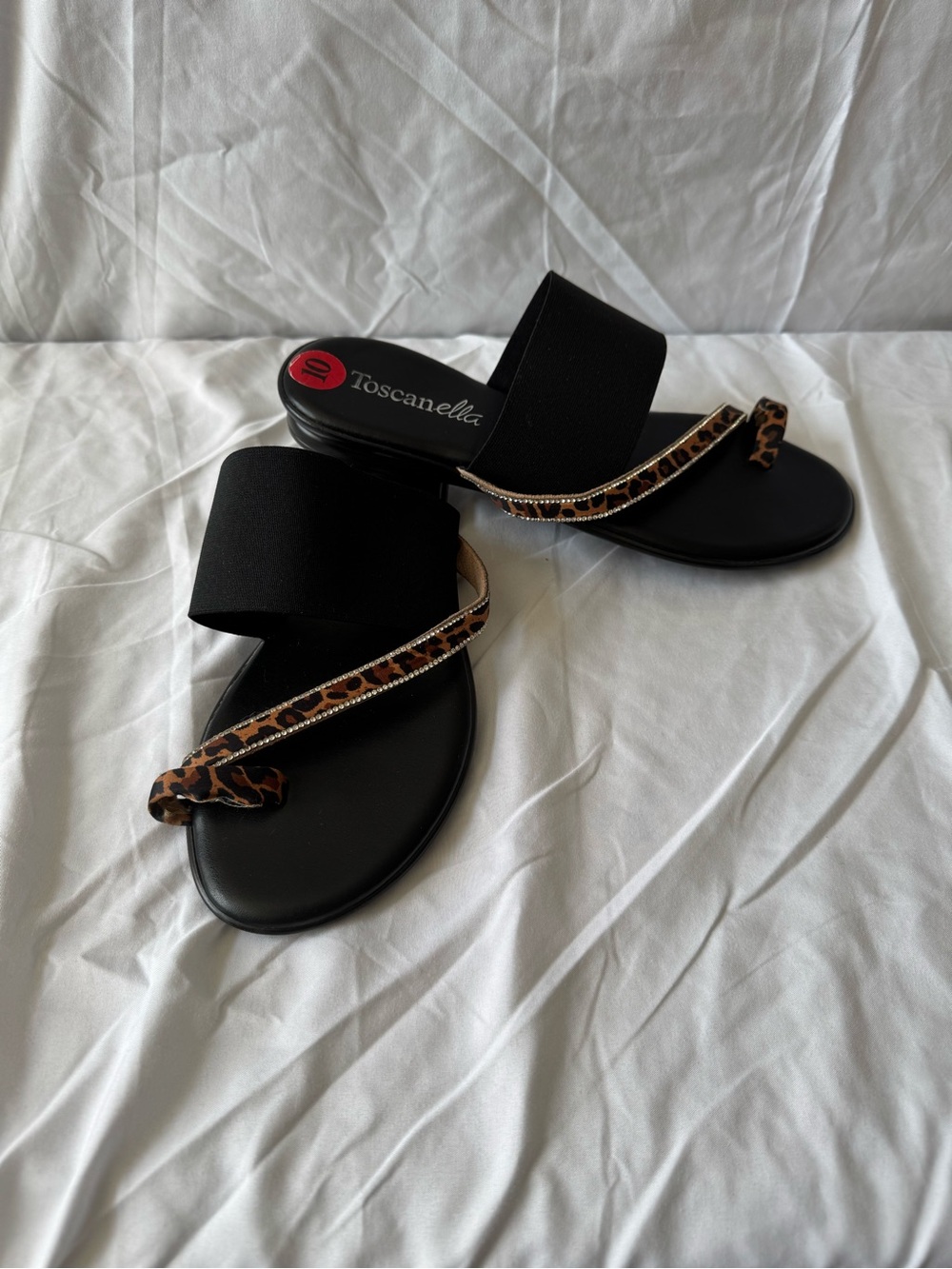 Toscanella Black Slide Sandals with Leopard Strap Detail